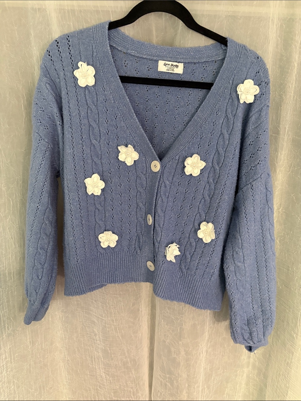 Love Tree Blue Cable Knit Cardigan with White Floral Appliqués